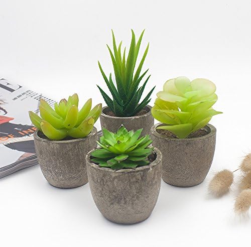 Artificial Succulent Plants with Gray Pots, Ebristar Small Fake Green Potted Plants Succulent Plants for Home &amp; Office Decoration - Set of 4