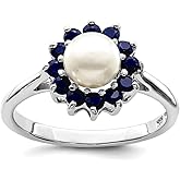 JewelryWeb 925 Sterling Silver Polished Rhodium 6mm Freshwater Cultured Cult Button Pearl and Sapphire Ring Ring for Women