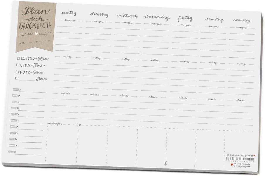 A4 Weekly Planner Plan You Happy, Great as a Desk Calendar, Food Plan, Organiser for to-dos and tasks, Versatile Weekly Plan, White, Plain, Calligraphy, Tear-Off pad, Diary and Accomplishments
