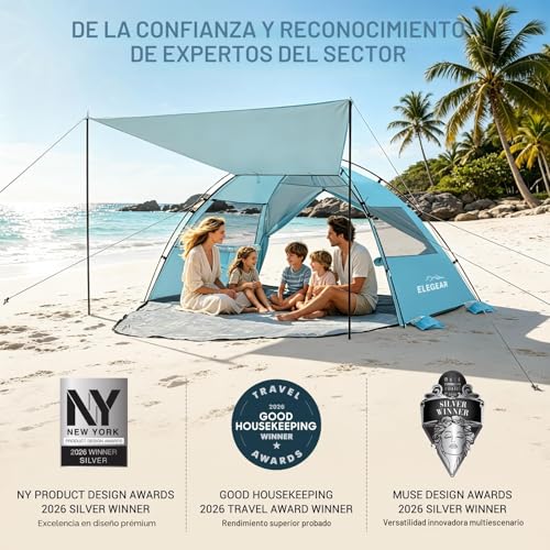 Elegear Beach Tent for 6-8 People, Camping Tent UV Protection UPF 50+ Portable Canopy with Carry Bag Family Beach Shelter for Varar Park Camping Fishing, 260 x 165 x 150 cm, Blue