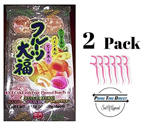 Kyoshin, Japanese Fruits Daifuku Mochi (Rice Cake), 3 Flavors; Mango, Peach & Pineapple, 10.58 oz (2 pack) with 20ct Dental Flossers in a Prime Time Direct Sealed Bag - Thumbnail 2