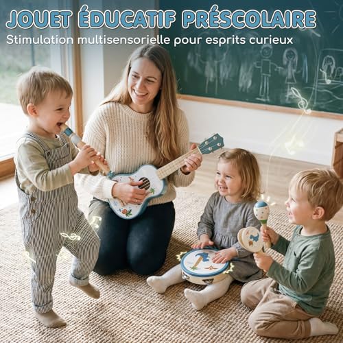 Lehoo Castle Children's Guitar 2 3 Years with Musical Instruments, Wooden Ukulele with Tambourine, Flute, Maracas and Rattle, Montessori Educational Musical Toy Games