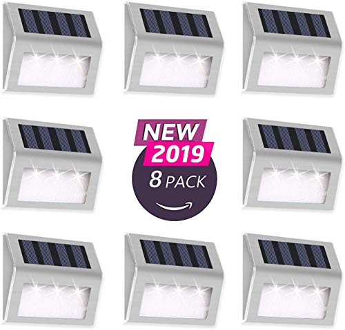 Otdair Solar Deck Lights, 3 LED Solar Step Lights Outdoor Auto On/Off Stainless Steel Solar Stair Lights Waterproof Wireless Solar Powered Lights for Fence Patio Garden Pathway - White 8 Pack