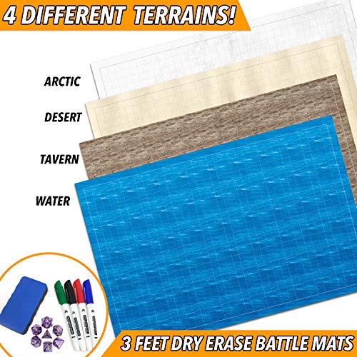 RPG Battle Game Mat - 2 Pack Dry Erase Double sided 36" x 24" (4 Terrains) + 4 Dry Erase Markers + 1 Eraser + 7pc Polyhedral Dice Set - Large Table Top Role Playing Map for Starters and Masters
