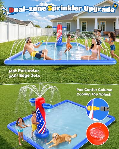 ODOSOLA 137x118'' Large Splash Pad for Kids 3-12 & Dogs, 2-in-1 Sprinkler Pad with Basketball Hoop/Ball Toss, Thickened Non-Slip Water Mat, Foldable Outdoor Summer Toy for Backyard/Pool/Beach