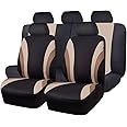 CAR PASS Line Rider Sporty Cloth 11PCS Universal Fit Car Seat Cover -100% Breathable with 5mm Composite Sponge Inside,Airbag Compatible,3zipper Bench(Full Set, Black and Beige)
