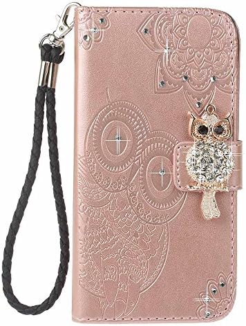 Galaxy S9 Plus Case, COOSTORE 3D Bling Glitter Gems Owl and Mandala Embossing Premium PU Leather Kickstand Card Slot Magnetic Closure Flip Wallet Case - Rose Gold