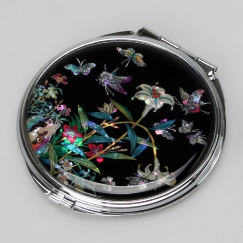 Mother of Pearl Lily Flower Design Black Compact Cosmetic Double Makeup Pocket Round Mirror, 3.2 Ounce