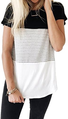 FOMANSH Women's Tops Short Sleeve Round Neck Striped Color Block T-Shirts Casual Blouse