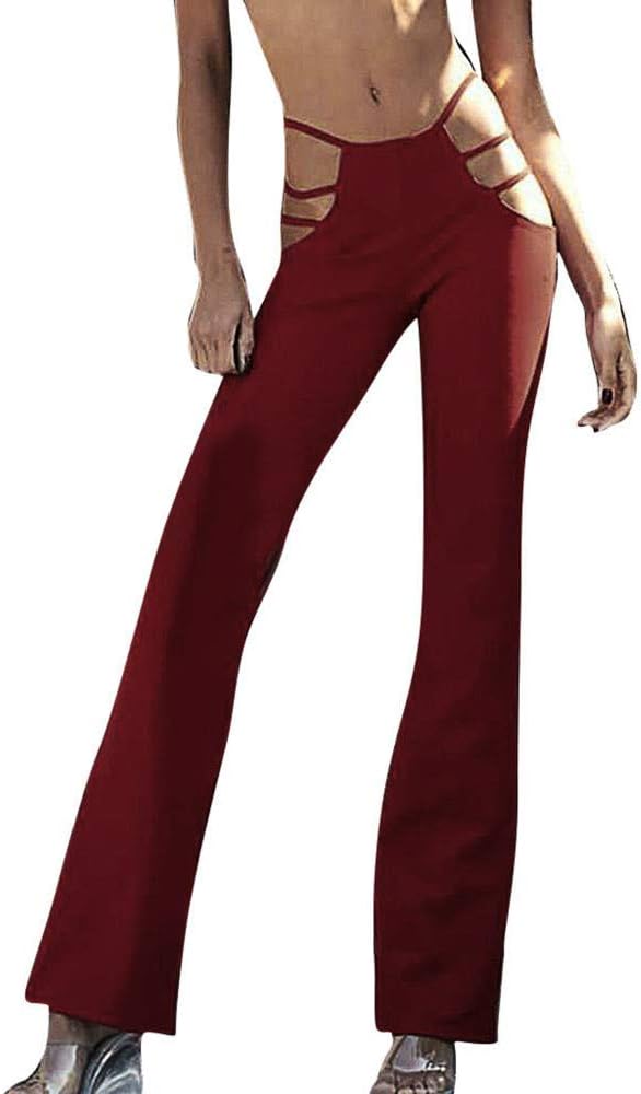 ANJUNIE Women High Elasticity High Waist Cutout Solid Strappy Casual Bell-Bottomed Pants