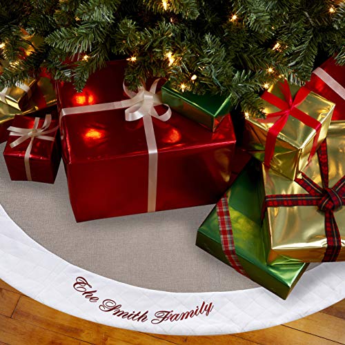 48 Inch Custom Embroidered Burlap Christmas Tree Skirt + BONUS Large Zip Storage Bag - Put Your Family Name (or Any Text) on the Premium Fleece Cross Stitch Border Trim - Rustic Farmhouse Decor Gift