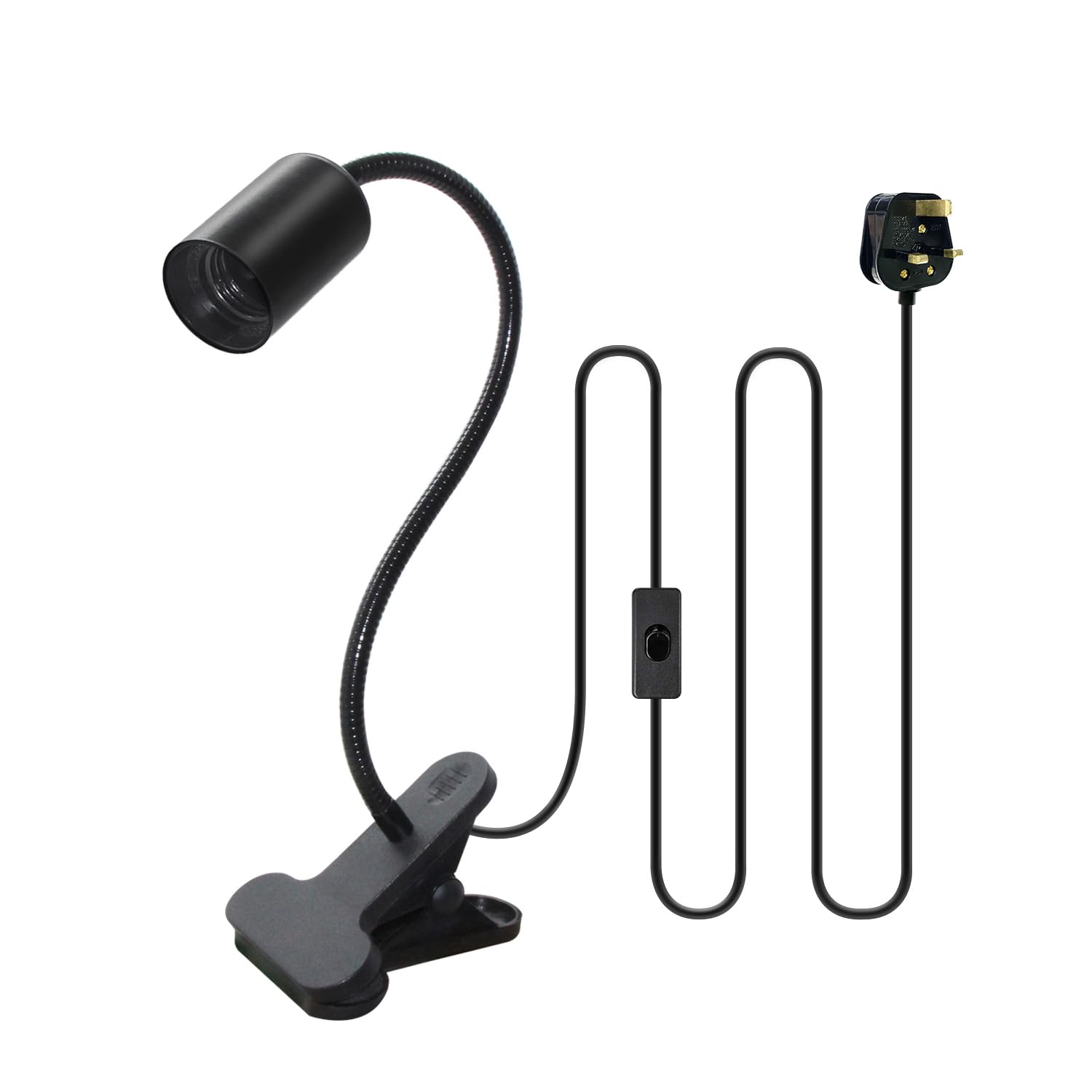 Clip on Lamp, 240CM Cable, E27 Clamp Lamp Bulb Holder with Large Anti Slip Clip, 35CM Length, 10MM Thick 360°Flexible Gooseneck, Clip Light, Clamp on Desk Lamp, Reading Light, Bedside Light, Black