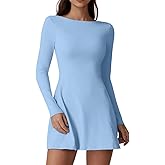 QINSEN Women's Open Back Tennis Dress Long Sleeve Built in Shorts Golf Athletic Dress with Pockets