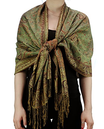NYFASHION101 Large Soft Double Layer Jacquard Paisley Print Scarf Shawl Wrap - Sage
