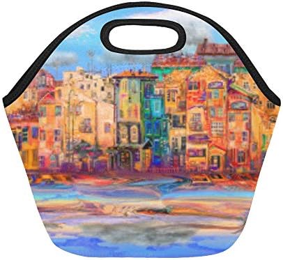 Insulated Neoprene Lunch Bag Colorful City Painting Art Oil Painting Landscape Oil Paint Design Large Size Reusable Thermal Thick Lunch Tote Bags For Lunch Boxes For Outdoors,work, Office, School