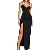 GLNEGE Bodycon Slit Fall Wedding Guest Formal Maxi Dresses Spaghetti V Neck Ruched Elegant Cocktail Dress for Women