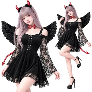 悪魔 コスプレ 5点セット 小悪魔コスプレ デビル 角 しっぽ 羽根 レースワンピース