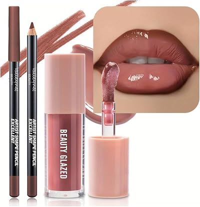 HQDA Lip Gloss and Lip Liner Set Nude Rose Glossy Waterproof Long Lasting