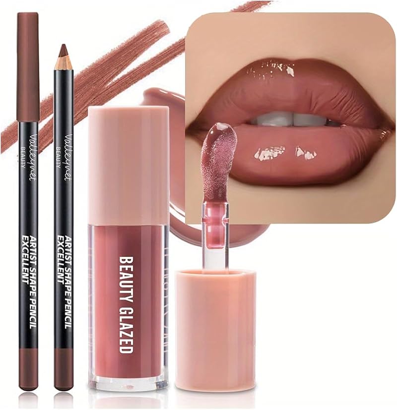 HQDA Lip Gloss and Lip Liner Set Nude Rose Glossy Waterproof Long Lasting