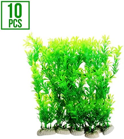 AQC Aquarium Decor | 10pcs Artificial Fish Tank Salt Fresh Water Plant Decoration Ornament | Vivid Color Aquatic Accessories Ceramic Base | Non-Toxic Fade-Resistant Easy Maintenance | Green | 1411.8