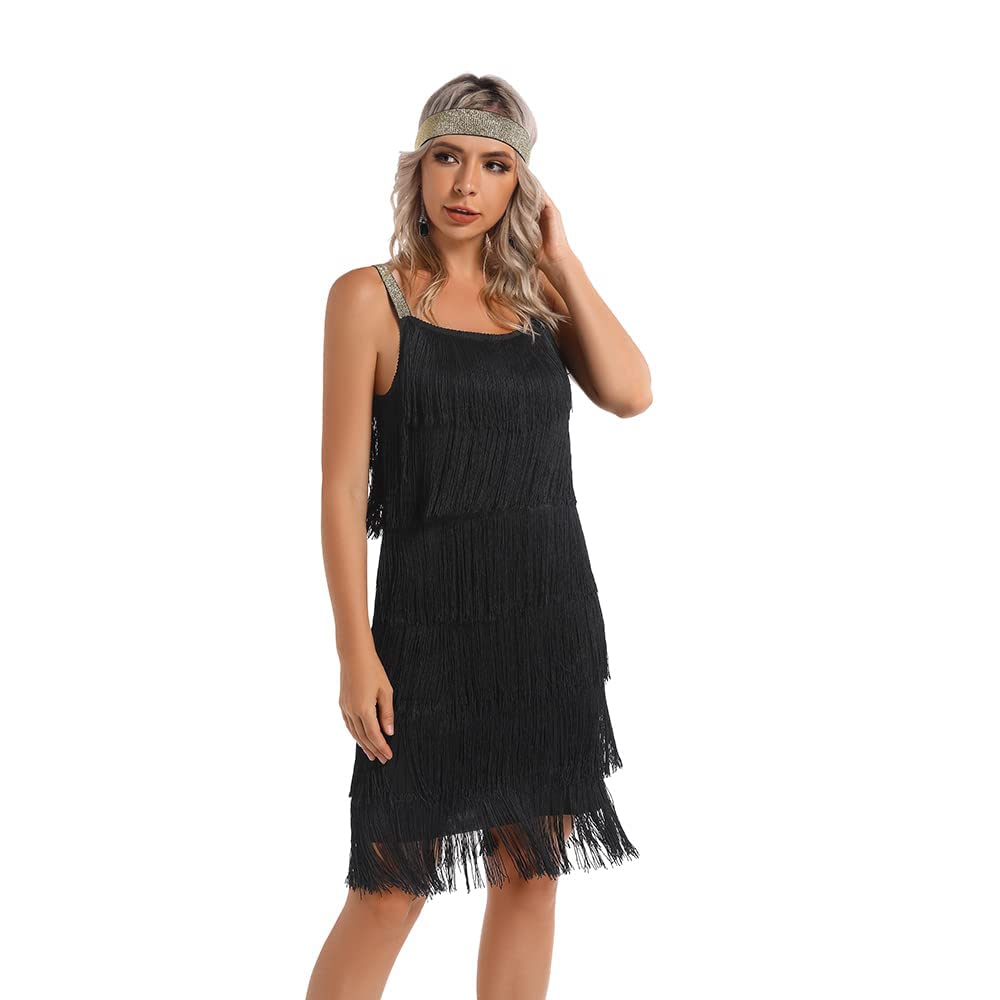 Generic Women's Great Gatsby Flapper Spaghetti Tassel Dress with Headband, 20s Elegant Mini Dress Party Accessory COSTUME OUTFIT (L, Black)