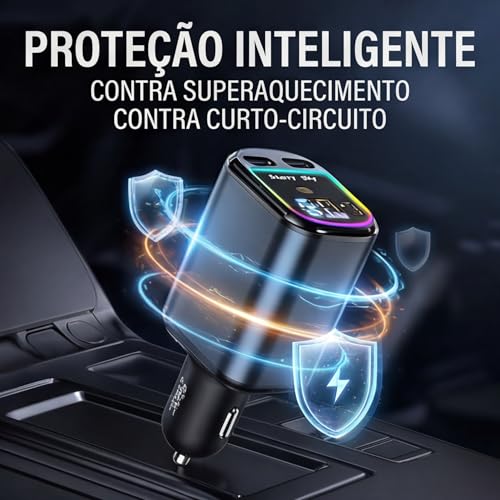 Carregador Veicular Premium Retrátil 4 em 1 | Carregamento Turbo 120W com Cabos Integrados | USB e USB-C | Tela LED Digital | Compatível com Android e iPhone | 12V/24V