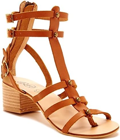 Modern Rebel Lunamoon Womens Fashion Genuine Leather Multi-Strap Studded 2" Heeled Sandals, Cognac, Size 6, US
