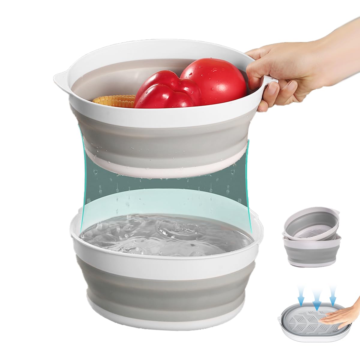 View 1 of 2 in 1 Collapsible Washing Basin and Food Strainer Set - 3.1 QT (3L) Plastic Collapsible Colander for Kitchen Veggies - Fruit Washing Bowl with Strainer
