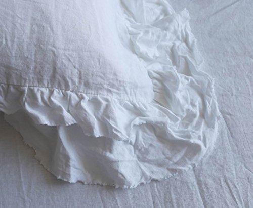 MEADOW PARK Stone Washed Pure Linen Duvet Cover Set 3 Pieces, Queen Size - 90 inches x 94 inches - Shams 20 inches x 26 inches, Double Ruffled Style - Corner Ties - Super Soft, White