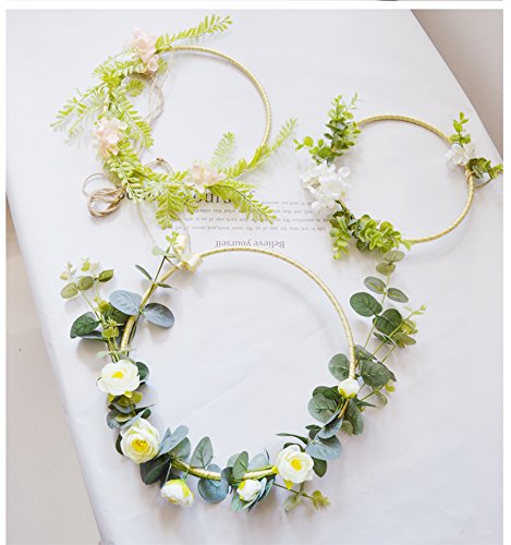 RISEON Handmade Set of 3 Gold Flower Wreaths,Boho Dream Catcher,Rustic Wedding Backdrop, Artificial Plant Vine Greenery Flower Garland, Window Wall Hanging Nursery Decor, Floral Hoop Ornament Gift