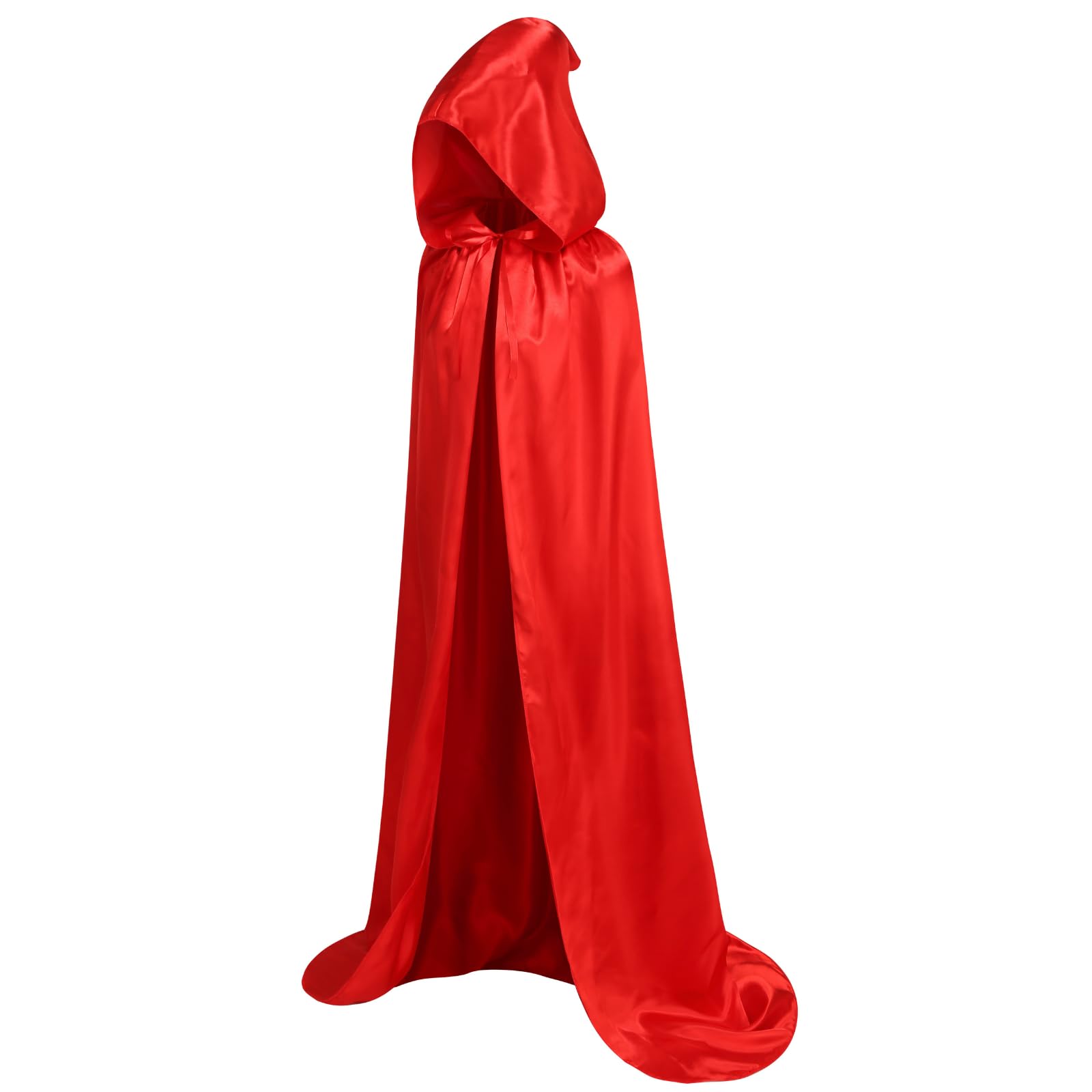 HAPNBCELE Unisex Adults Satin Cape Hooded Cloak, Wizard Fairytale Cosplay Fancy Dress for Halloween Christmas Carnival Party (Red, 130cm/51.18”)