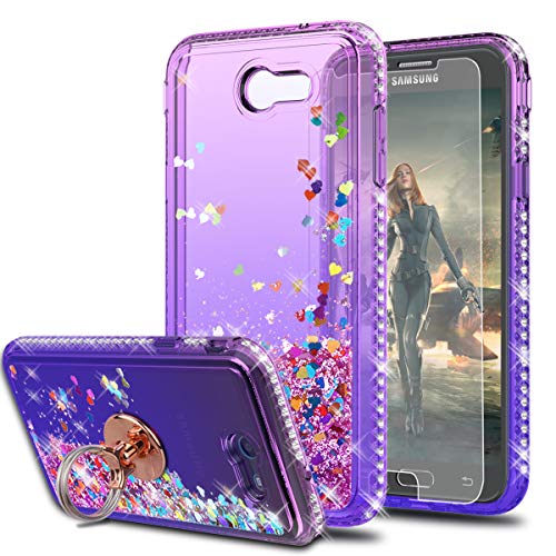 KaiMai Galaxy J3 Luna Pro/J3 Emerge/J3 Eclipse/Amp Prime 2/Express Prime 2/Sol 2/J3 Mission Case with HD Screen Protector+Ring Holder,Glitter Liquid Cute Case for J3 2017-Pueple/Blue Ring