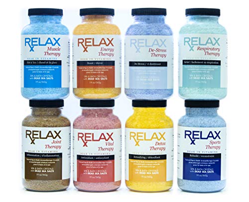 Rx Aromatherapy Best Spa and Bath Salts, Bundle of 8, 19 Ounce Bottles, Natural Epsom Salts Infused with Vitamins, Minerals, and Essential Oils for Pains, Aches, Swelling, and Stress Relief