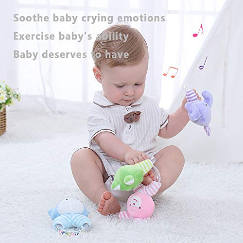 GRACEON Baby Soft Plush Stuffed Animal Rattles - Baby Toys for 3, 6, 9, 12 Months Newborn Giftï¼ŒInfant Developmental Hand Grip Baby Toys, (4 Pack)