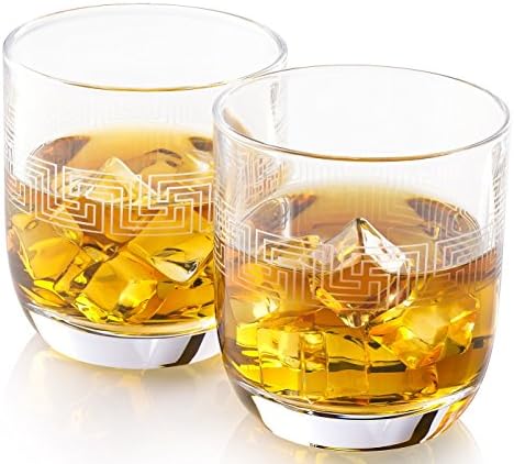 Etched Whiskey Glasses ALISANDER | Made in Europe | Set of 2 x 9.5 oz Old Fashioned Glasses | Gift Box.