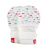 Goumikids - Goumimitts, Scratch Free Baby Mittens, Organic Soft Stay On Unisex Mittens, Stops Scratches and Prevents Germs - (School of Fish - Aqua, 3-6 Months)