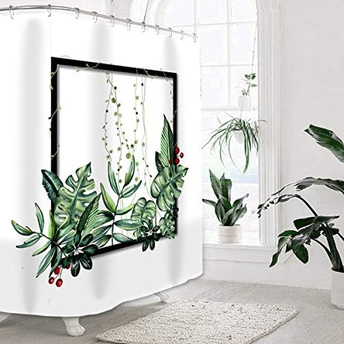 Wasserrhythm Leaf Shower Curtain White and Green 72x72 Inch Waterproof 100% Polyester Decorative Digital Printing Bathroom Curtains Mold-proof Anti-Bacterial with 12pcs Iron Hooks
