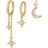Star Moon Earrings for Women Dainty Huggie Hoop Earrings Trendy Cubic Zirconia Chain Dangle Earring Set Cartilage Earring Hypoallergenic Lightweight Jewelry