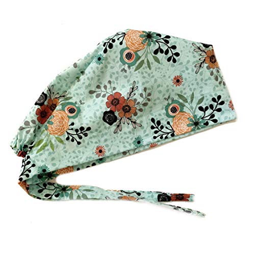 Grace N May Women's Front Fold Tie Back Scrub Cap Surgical Cap Cute Patterns (Woman Minty Coral Flowers) - Thumbnail 4
