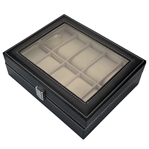 Aketek Watch Box 10 Mens Black Leather Display Glass Top Jewelry Case Organizer - Thumbnail 3