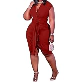 IyMoo Women's Sexy Plus Size Bodycon Sleeveless Drawstring Ruched Mini Club Dresses