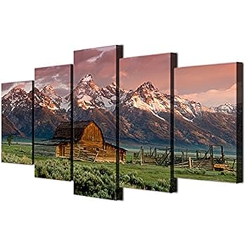 Teton Painting Barn Pictures Art Work for Home Walls Grand Teton,Wyoming Canvas 5 Piece Artwork Modern Home Decor for Living Room Framed Gallery-wrapped Ready to Hang Posters and Prints(60''Wx32''H)