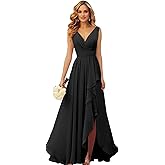 Sjnxi Chiffon Bridesmaid Dresses Long V Neck Ruffle Pleated Formal Evening Dress with Slit