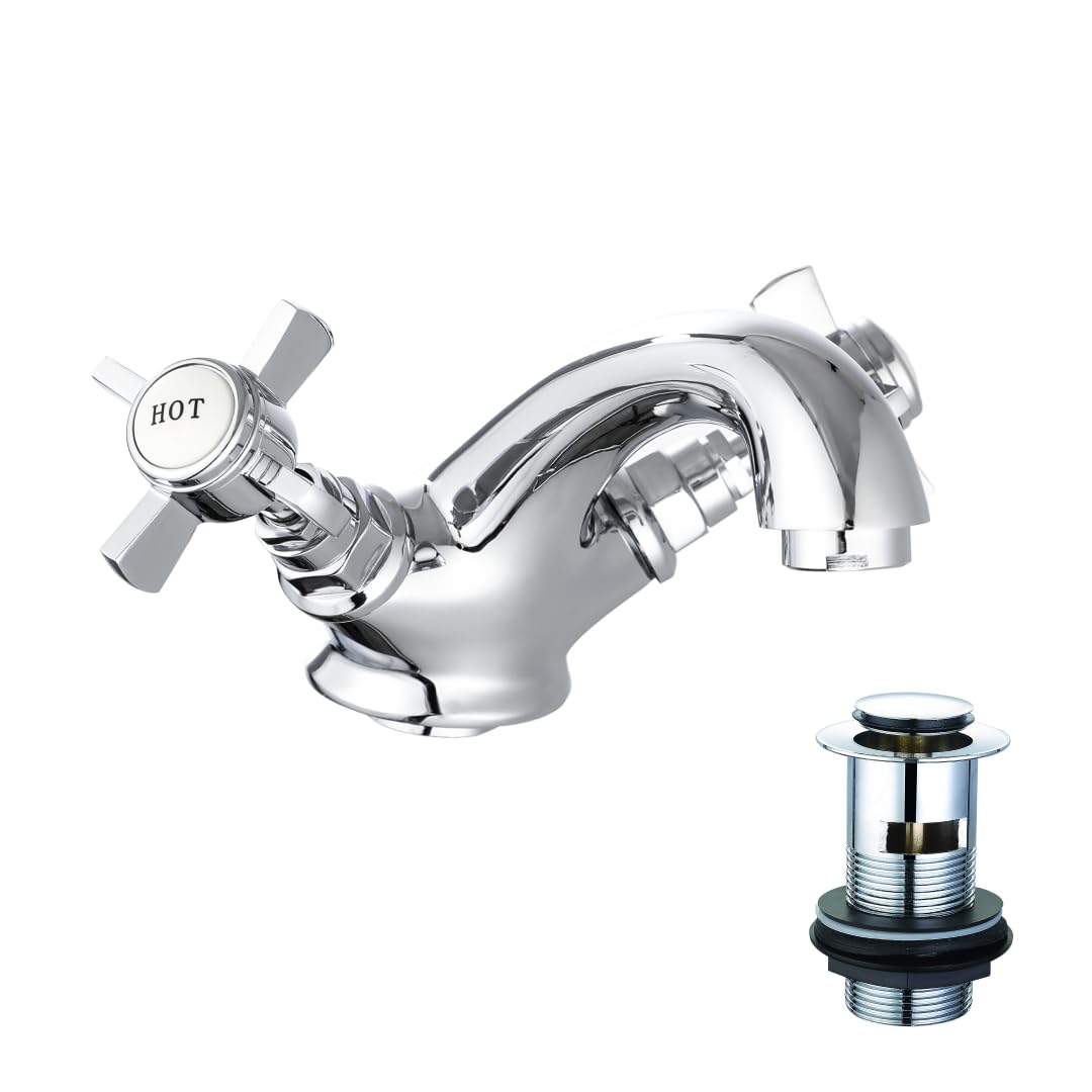 Veebath Traditional Mono Basin Mixer Tap with Pop-Up, Deck Mounted Dual Cross Head Tap, Victorian Basin Tap, Traditional Bathroom Sink Taps Waste-Chrome G1/2”