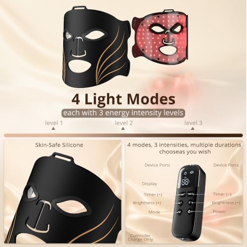 Aimilove LED Light Therapy Mask for Face & Neck,4 Light Modes Red Blue Infrared & Mixed Light, 850nm Infrared Light, Soft Silicone LED Face Mask, Portable Home Skin Care Device for Wrinkles & Acne
