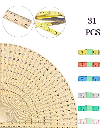 PRALB 25pcs 2Scale (12Inch and 30CM) Wood Rulers Wooden Ruler School Rulers Office Rulers and 6Pcs Clothing Measuring Rulers,Soft Tape Measure for Office and Home - Thumbnail 7