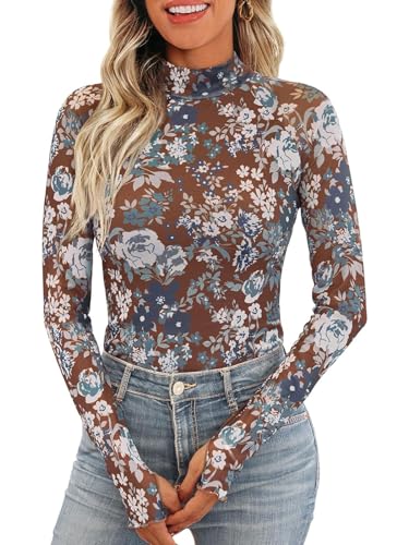 Women's Floral Mesh Long Sleeve Tops