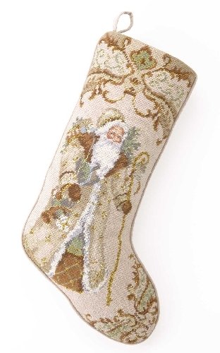 Vintage Style Gold Santa with Presents Christmas Stocking, Wool Needlepoint, 11 Inch X 18 Inch