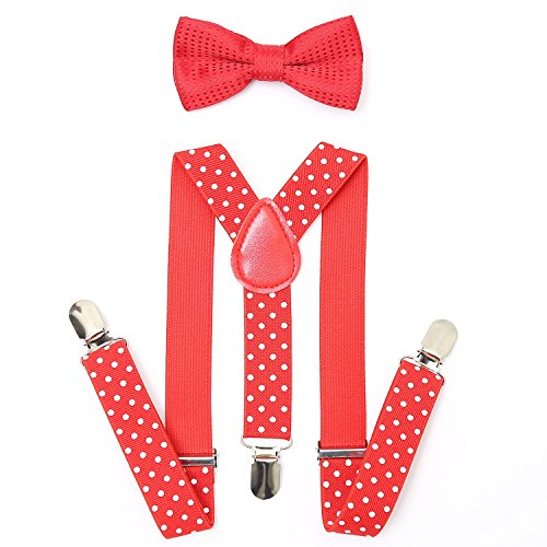 AWAYTR Kids Boys Girls Suspenders Strong Clips With Bow tie Set (Red Polka dot)
