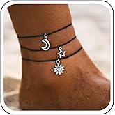 Xduargs Boho Layered Crescent Moon Anklet Vintage Moon Star Dangle Anklet Bracelet Black Wax Rope Anklet Silver Sun Ankle Summer Foot Chain Set Jewelry for Women